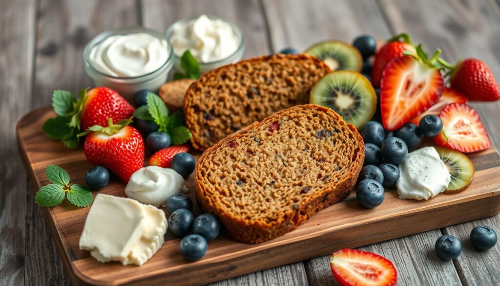 Serving zucchini bread with creamy spreads and fresh fruit
