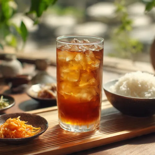 Iced barley tea served with a simple meal on a bamboo tray