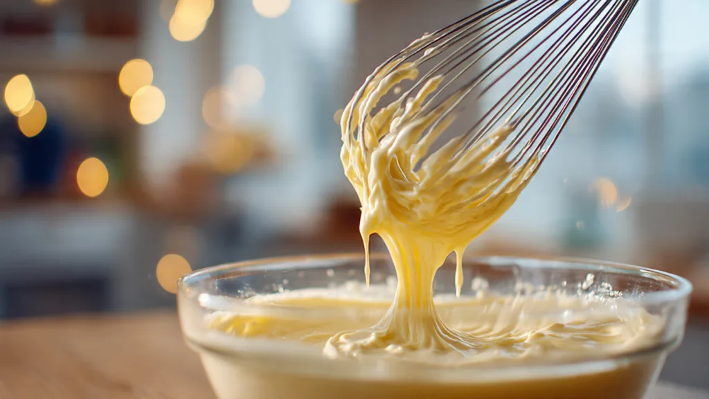 Close-up of whisking eggs and sugar until pale and fluffy for White Chocolate