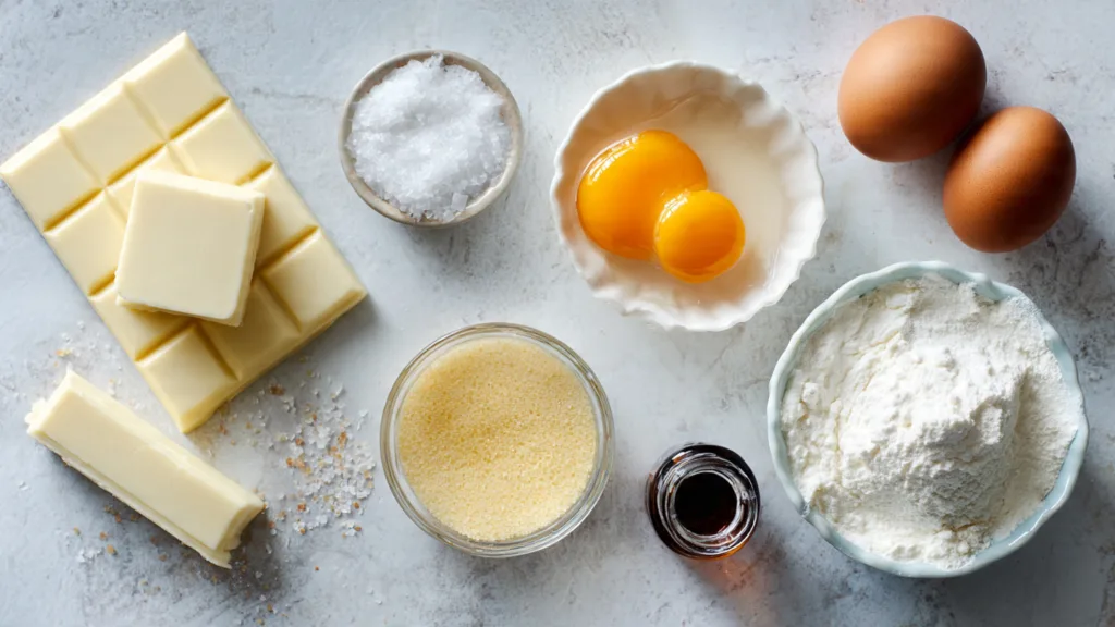 Overhead view of premium white chocolate bar, butter, granulated sugar, and farm eggs for brownies.