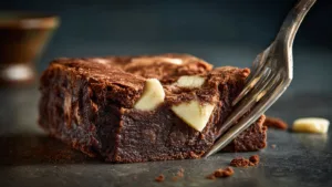 A close-up of a single White Chocolate Brownie square with a shiny crackly top and fudgy center.