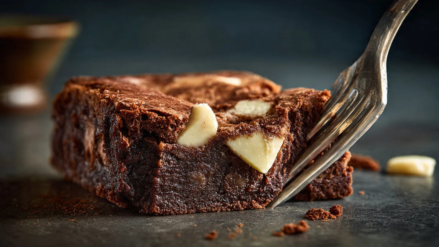 A close-up of a single White Chocolate Brownie square with a shiny crackly top and fudgy center.