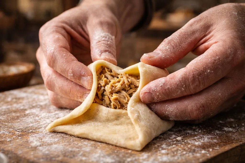 Hands wrapping soft dough around a savory chicken and herb filling.