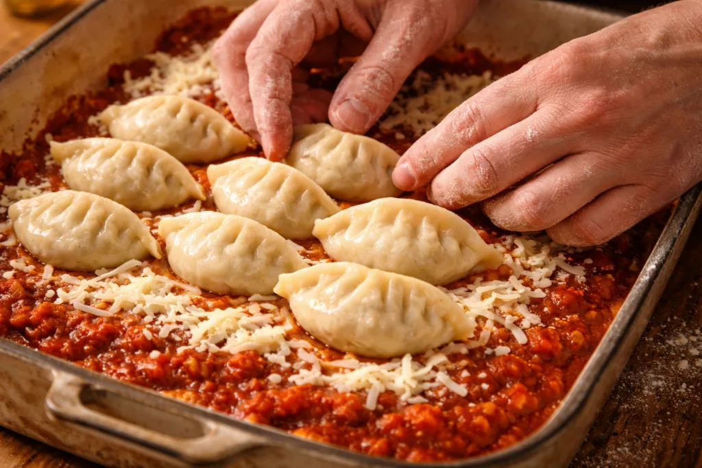 Close-up of hands layering frozen dumplings over marinara sauce in a baking dish.