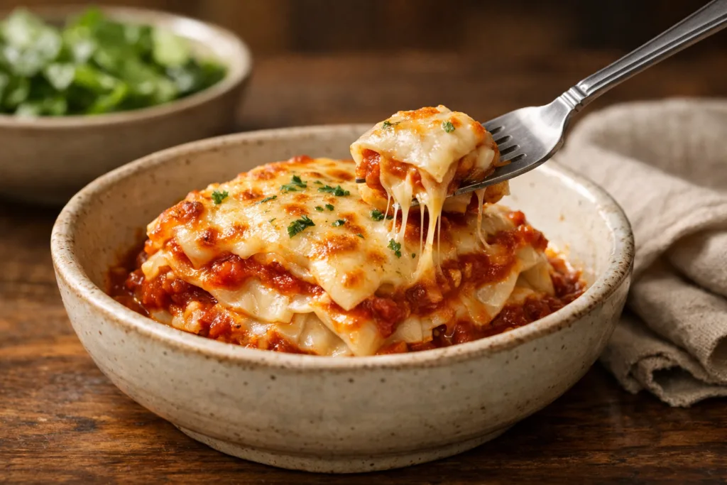 A single serving of Dumpling Lasagna in a rustic bowl with a fork.