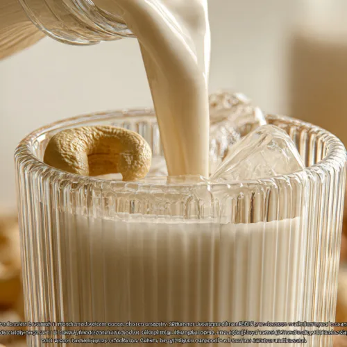 Bottle and glass of salted maple cashew milk on a kitchen counter