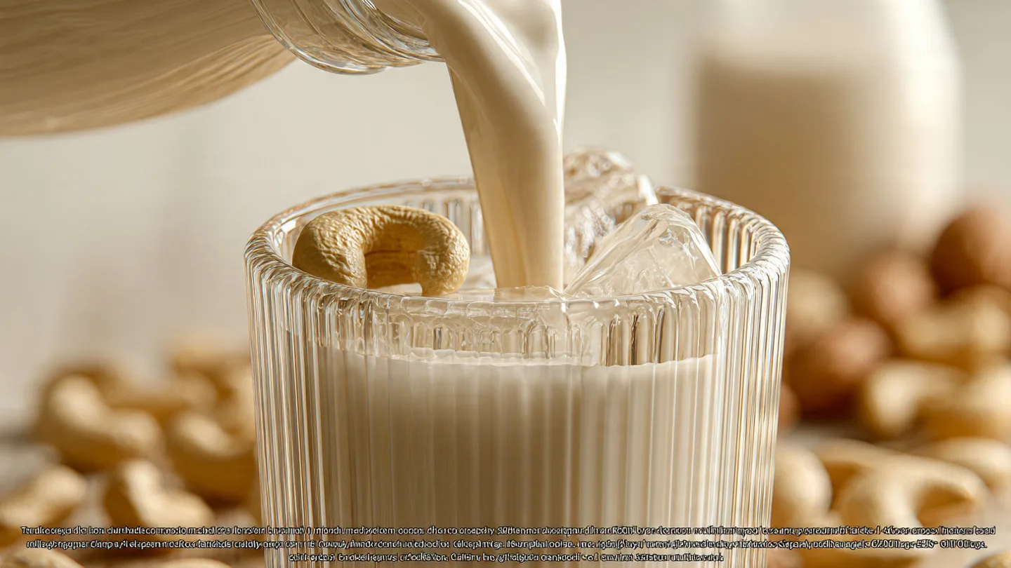Bottle and glass of salted maple cashew milk on a kitchen counter