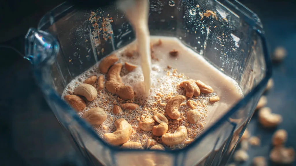 Cashew milk blending until smooth in a high-speed blender