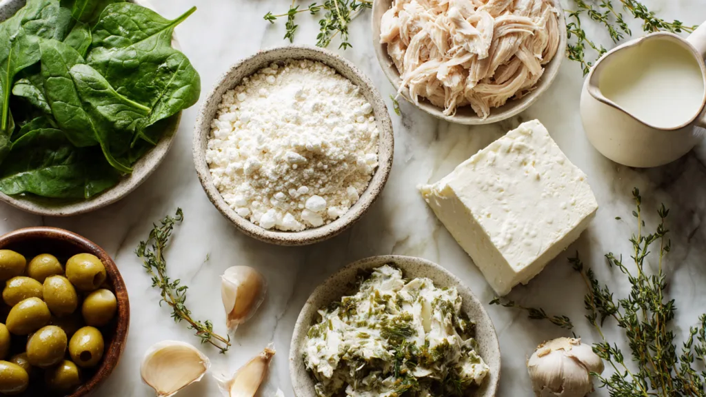 Overhead flat lay of flour, buttermilk, spinach, shredded chicken, and olive brine on a marble counter.