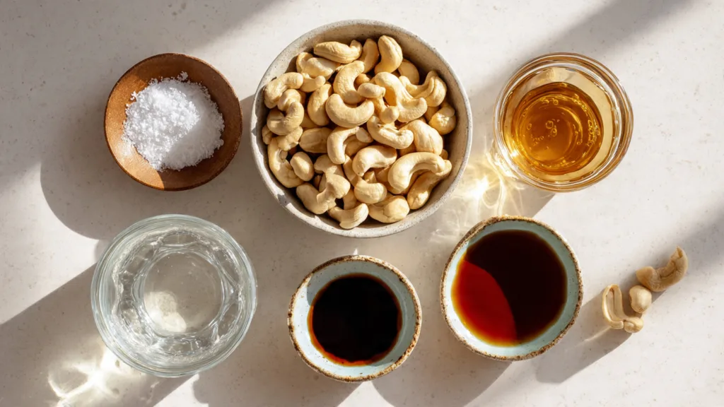Ingredients for salted maple cashew milk arranged on a countertop