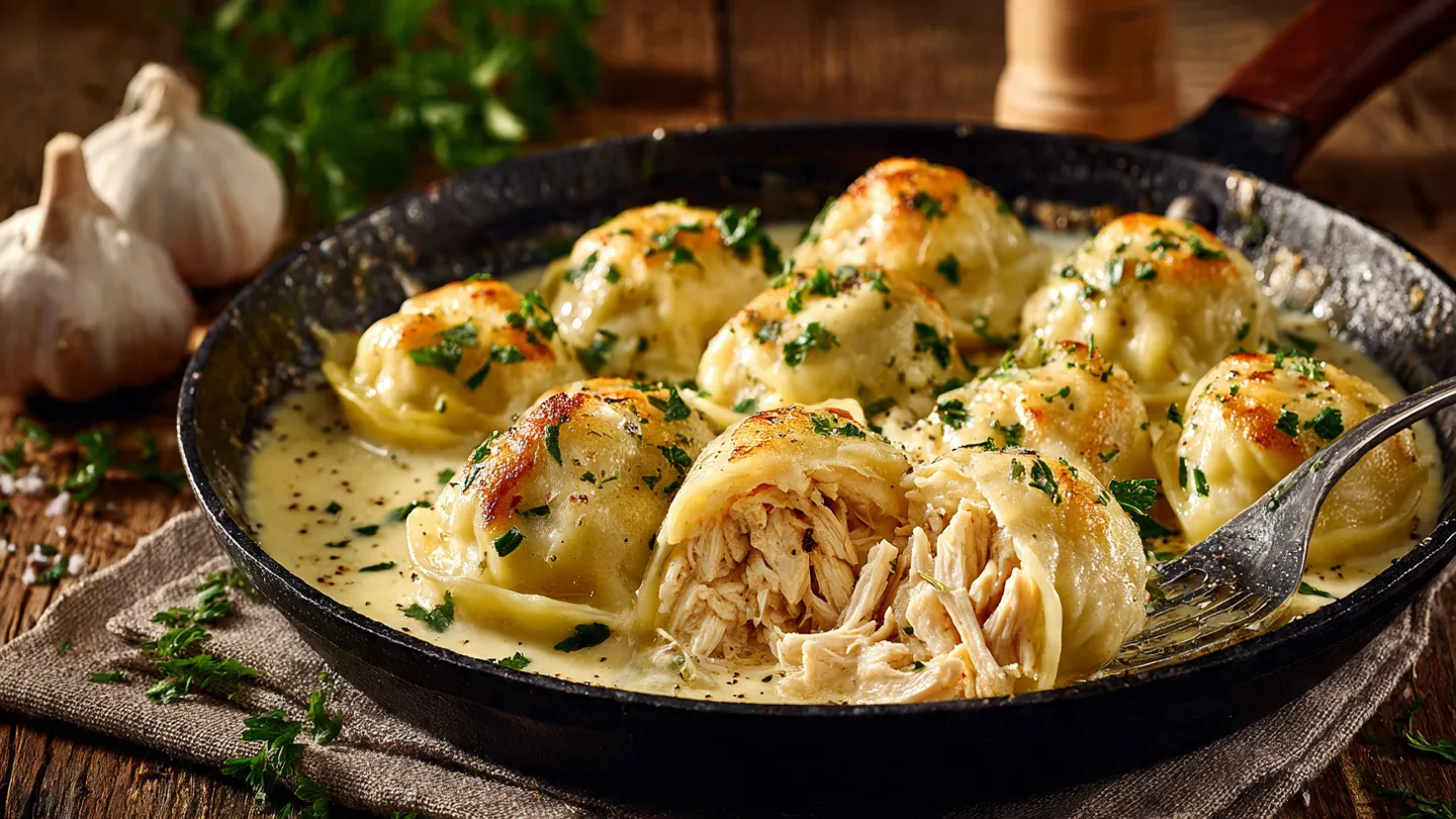 A skillet of golden-brown Blanket Dumplings in a creamy garlic sauce with fresh herbs.