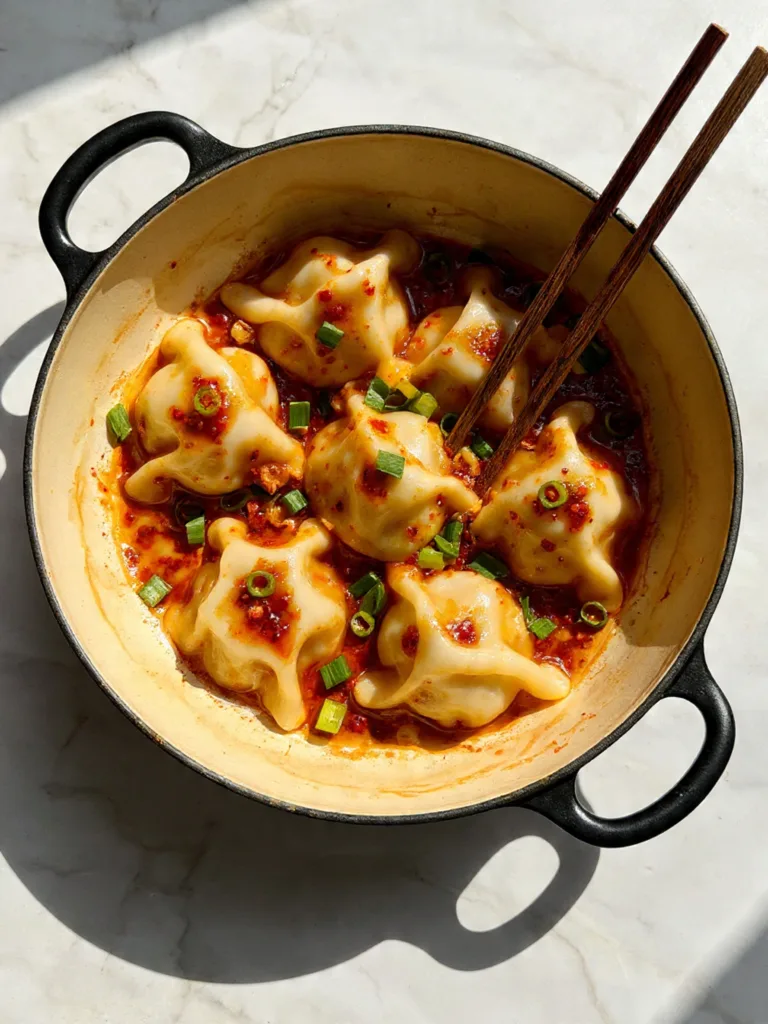 A single serving of Blanket Dumplings in a ceramic bowl with a side salad and linen napkin.