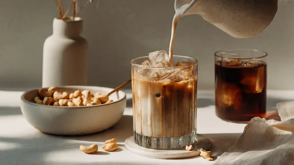 Salted maple cashew milk served over ice with coffee