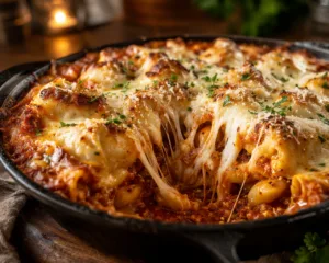 A bubbling cast-iron skillet of Dumpling Lasagna with golden cheese and a rich cheese pull.