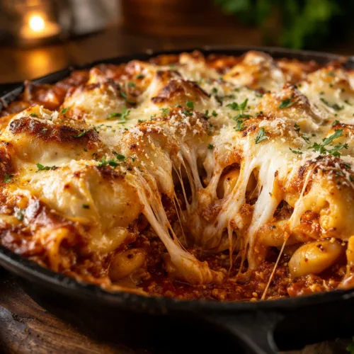 A bubbling cast-iron skillet of Dumpling Lasagna with golden cheese and a rich cheese pull.