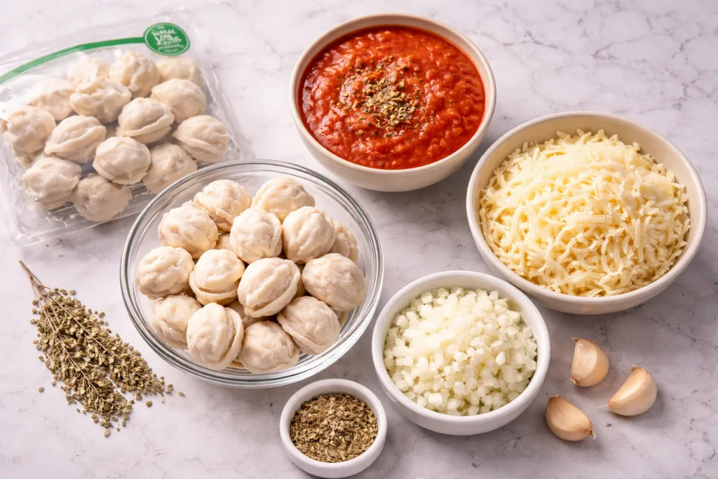 Overhead flat lay of marinara sauce, frozen halal dumplings, mozzarella cheese, and spices on marble.