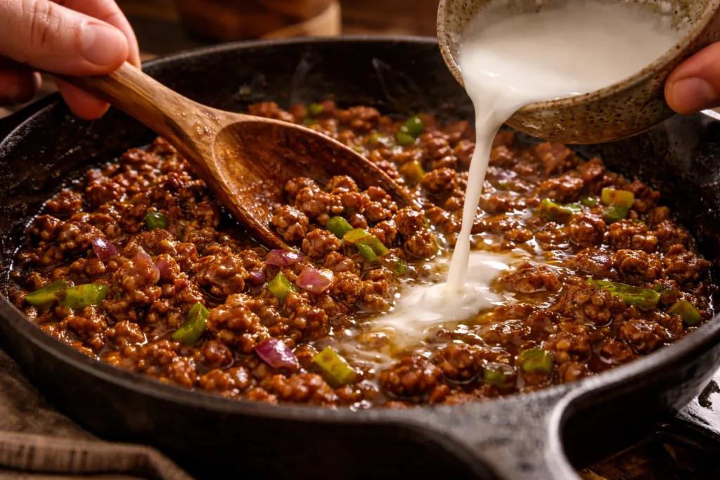 A close-up shot of a milky white starch slurry being poured into a hot cast-iron skillet with browned ground beef and peppers to thicken the Mongolian sauce.