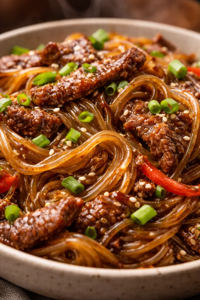 Close-up of Mongolian beef glass noodles coated in a glossy dark sauce with tender beef slices, green onions, sesame seeds, and vegetables in a bowl.