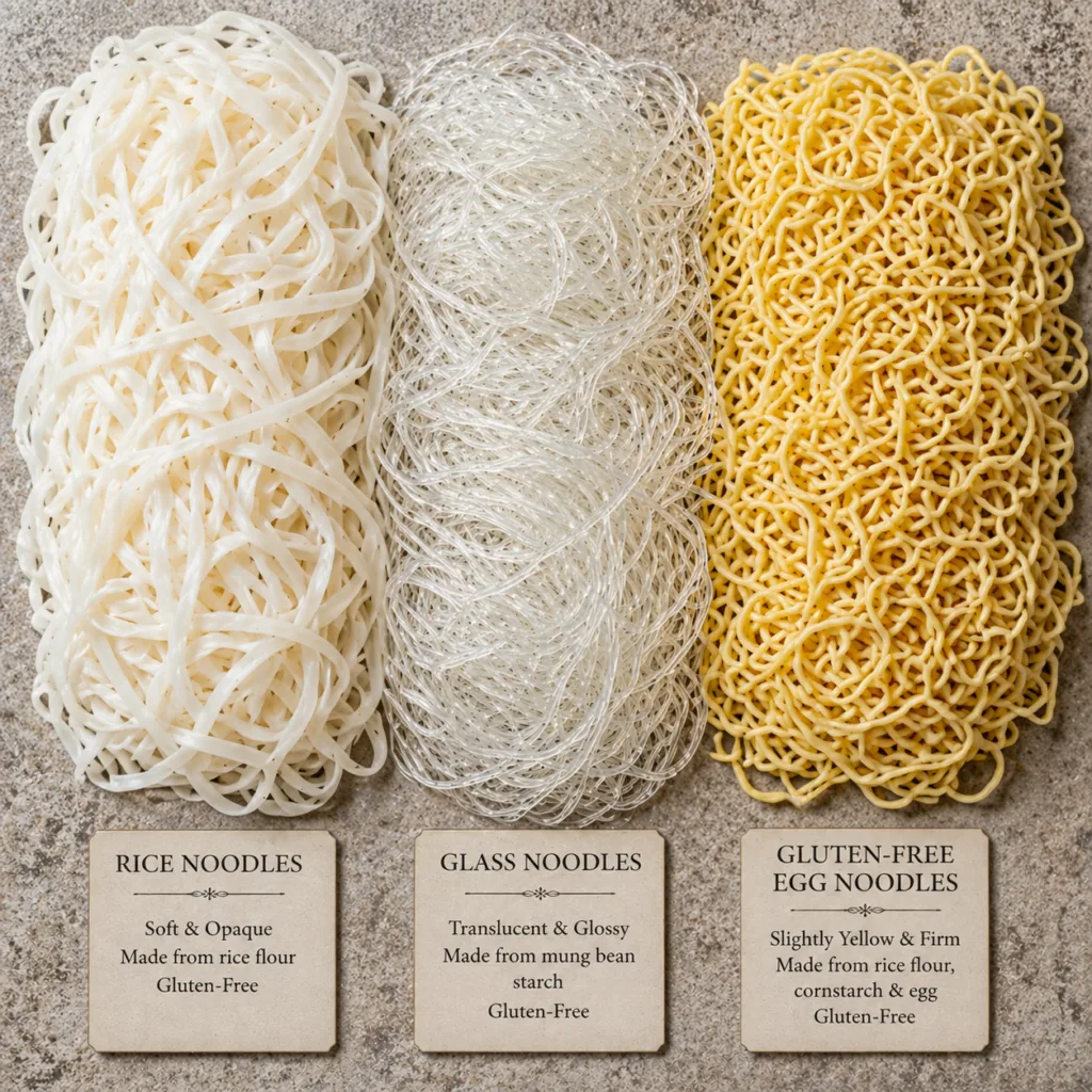 gluten free egg noodle substitutes rice noodles glass noodles texture comparison
