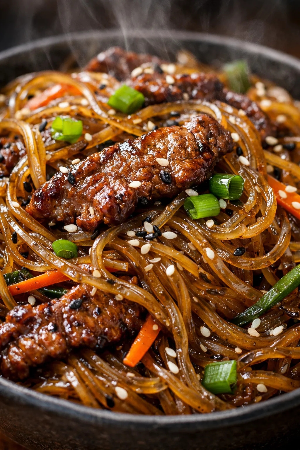 A close-up shot of steaming Mongolian Beef Glass Noodles in a dark bowl, showing glossy sweet potato noodles, seared beef pieces, green onions, and sesame seeds.