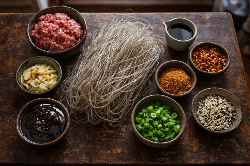 A dramatic close-up shot inside a hot cast-iron skillet, showing browning ground beef and veggies with a spoonful of starch slurry being added, creating a glossy sauce and noticeable sizzle.