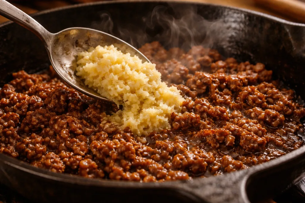 An extreme close-up photograph of browned ground beef in a rustic cast-iron skillet, with a metal spoon pouring a large portion of mashed white garlic into the center as steam rises