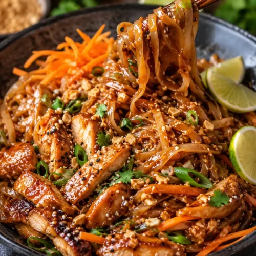 Close-up of glossy saucy chicken noodles in a dark bowl, coated in rich brown sauce, topped with sliced grilled chicken, carrots, green onions, crushed peanuts, and lime wedges, with chopsticks lifting noodles.