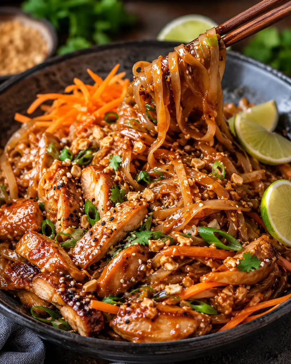 Close-up of glossy saucy chicken noodles in a dark bowl, coated in rich brown sauce, topped with sliced grilled chicken, carrots, green onions, crushed peanuts, and lime wedges, with chopsticks lifting noodles.