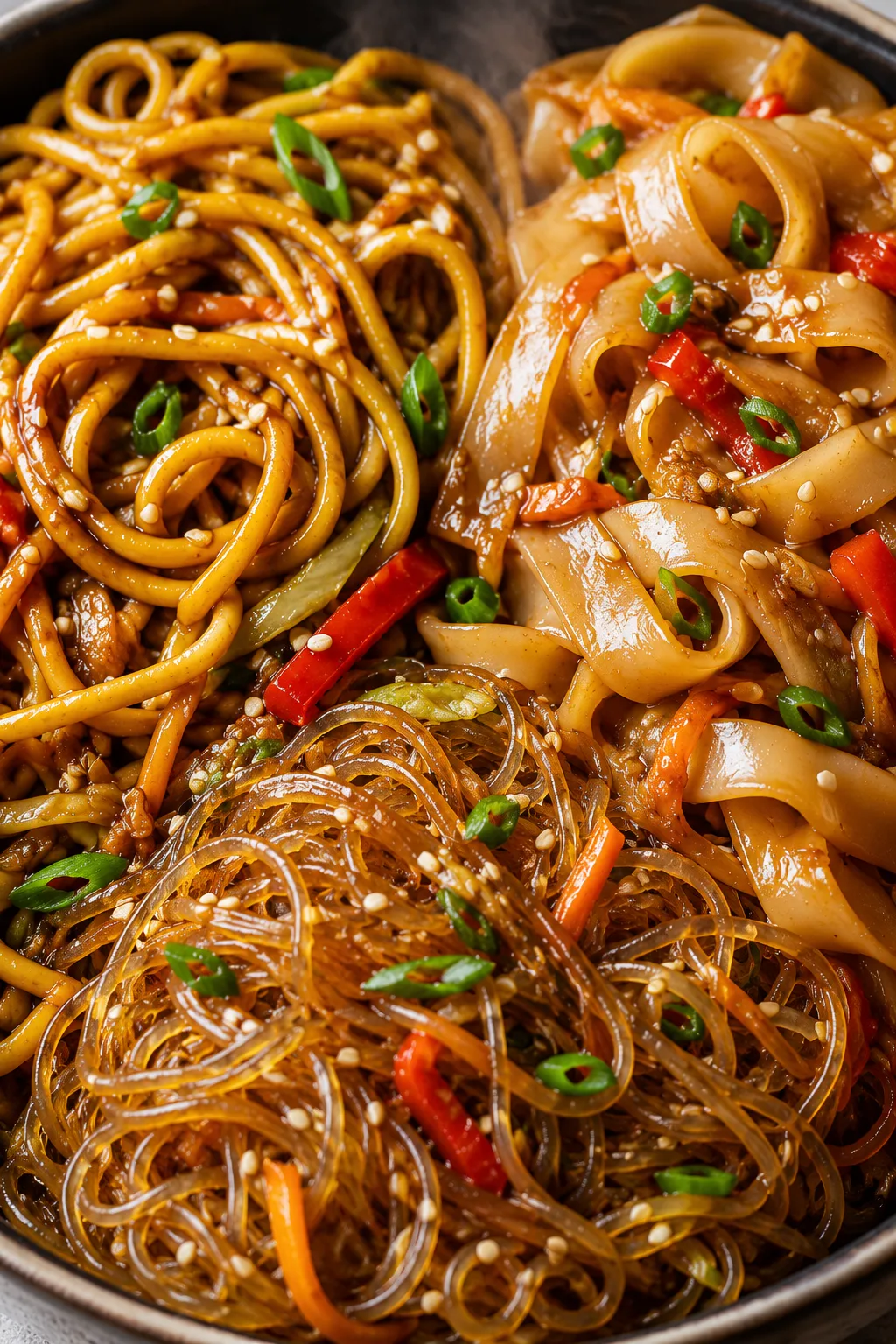 Close-up comparison of lo mein noodles, rice noodles, and glass noodles tossed in glossy stir-fry sauce with sesame seeds, green onions, carrots, and red peppers, steaming in a tightly framed bowl.