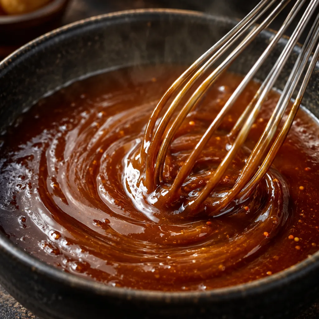 Whisking a glossy, thick peanut-soy sauce in a dark ceramic bowl for a 30-minute chicken noodle recipe.
