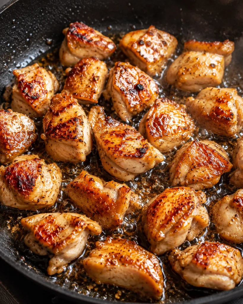 Golden seared chicken pieces sizzling in a hot skillet with bubbling oil and crispy caramelized edges.
