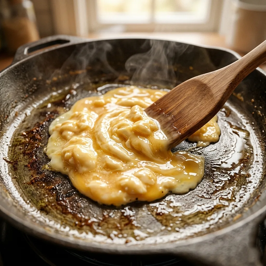Soft scrambled eggs with a glossy texture cooking in the center of a hot skillet, gently folded with a wooden spatula while steam rises.