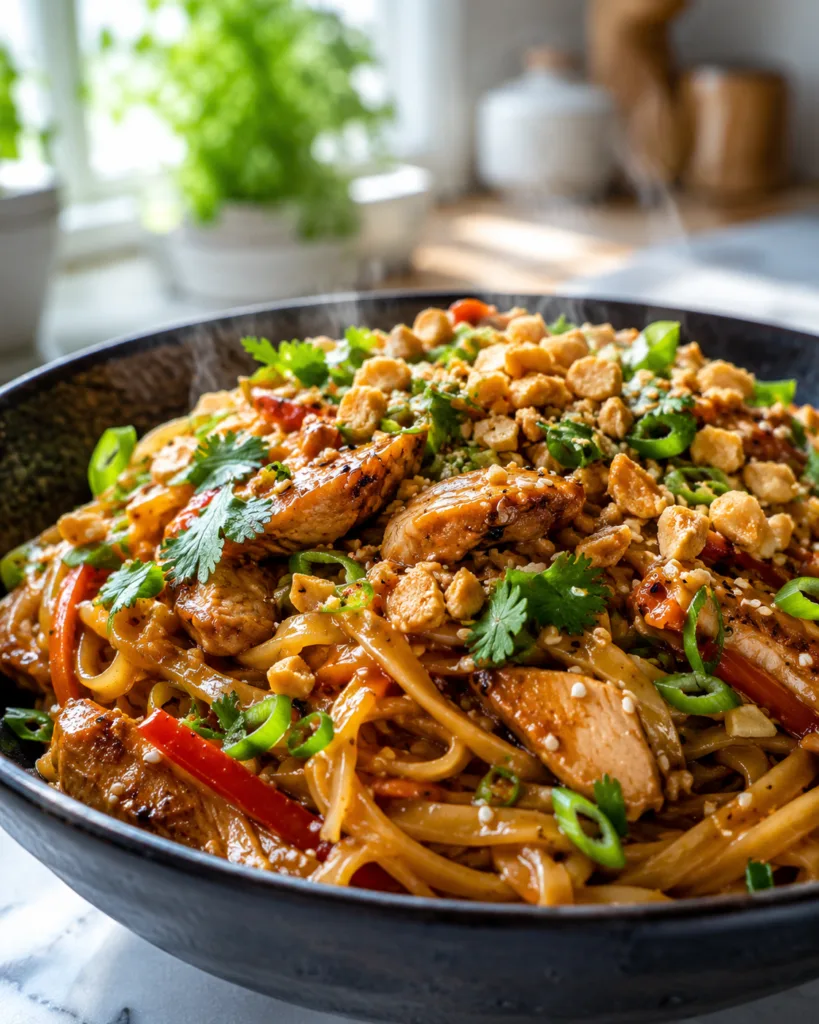 Glossy saucy chicken noodles in a dark bowl topped with crushed peanuts, cilantro, sesame seeds, and green onions, with steam rising in a bright modern kitchen.