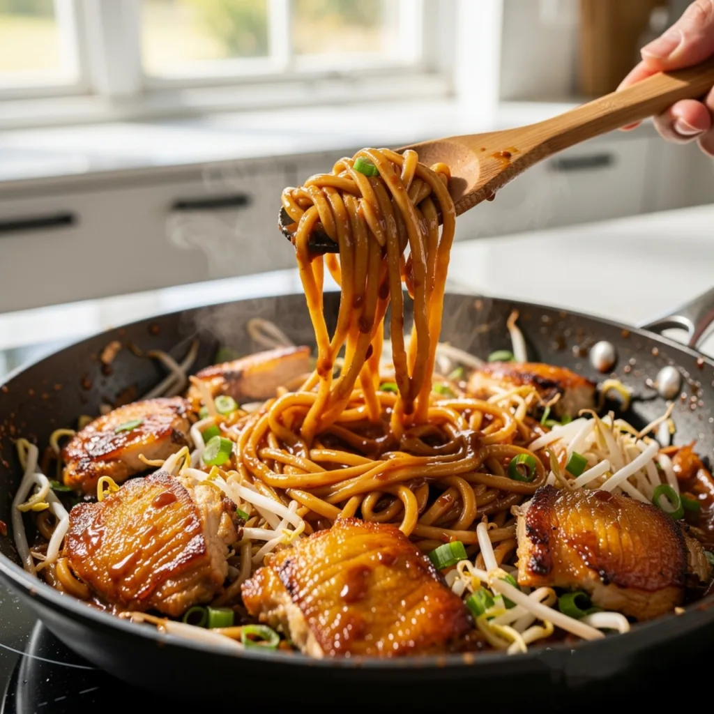 saucy chicken rice noodles tossing in peanut soy sauce one skillet