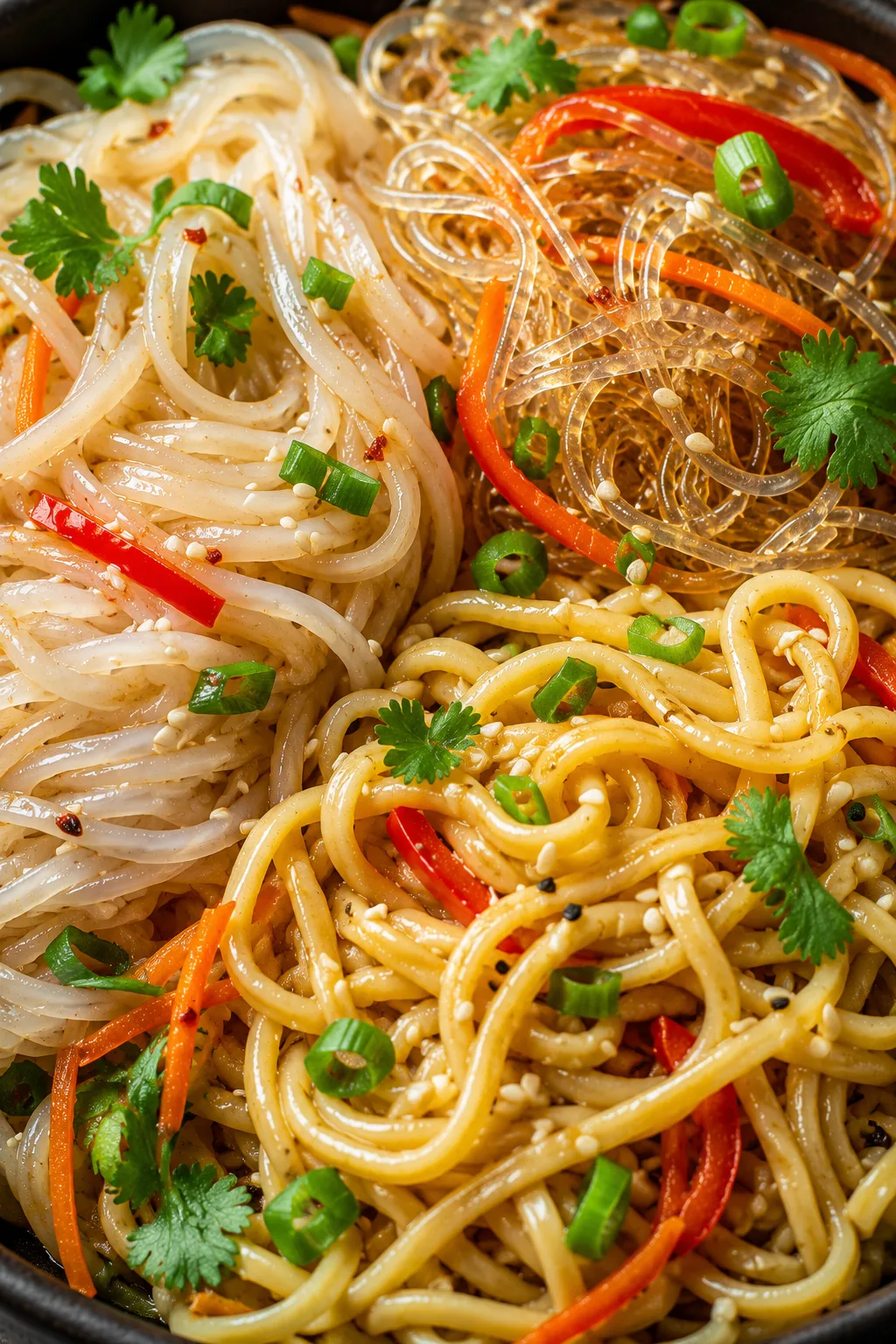 Gluten-Free Noodles, extreme macro close-up, ultra zoom, tight framing, assortment of gluten-free noodles filling almost the entire frame, glossy rice noodles, glass noodles, and gluten-free egg noodles arranged beautifully side by side, smooth and chewy textures clearly visible, light savory sauce coating with subtle shine, fresh herbs, sesame seeds, and sliced vegetables adding vibrant color contrast, delicate steam rising from the noodles, ultra-detailed texture clarity showing distinct noodle surfaces and ingredients, elegant minimalist presentation, bowls barely visible at the edges, soft natural daylight, shallow depth of field, strong subject isolation, cinematic lighting, high contrast, professional food photography, ultra realistic, 8k, hyper-detailed, clean healthy comfort food aesthetic