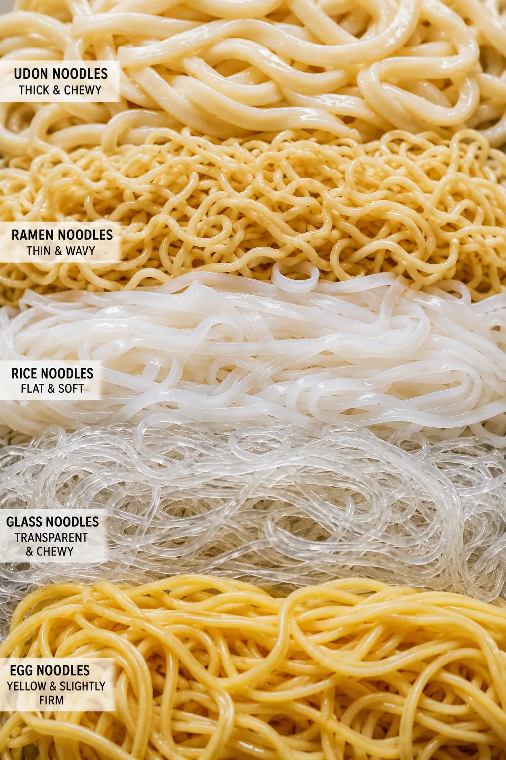 An educational infographic showing five horizontal sections of different types of cooked Asian noodles arranged from top to bottom, each with a text label describing its texture. From top to bottom: Udon noodles (thick & chewy, pale white), Ramen noodles (thin & wavy, light yellow), Rice noodles (flat & soft, translucent white), Glass noodles (transparent & chewy, clear and thin), and Egg noodles (yellow & slightly firm, straight and round).