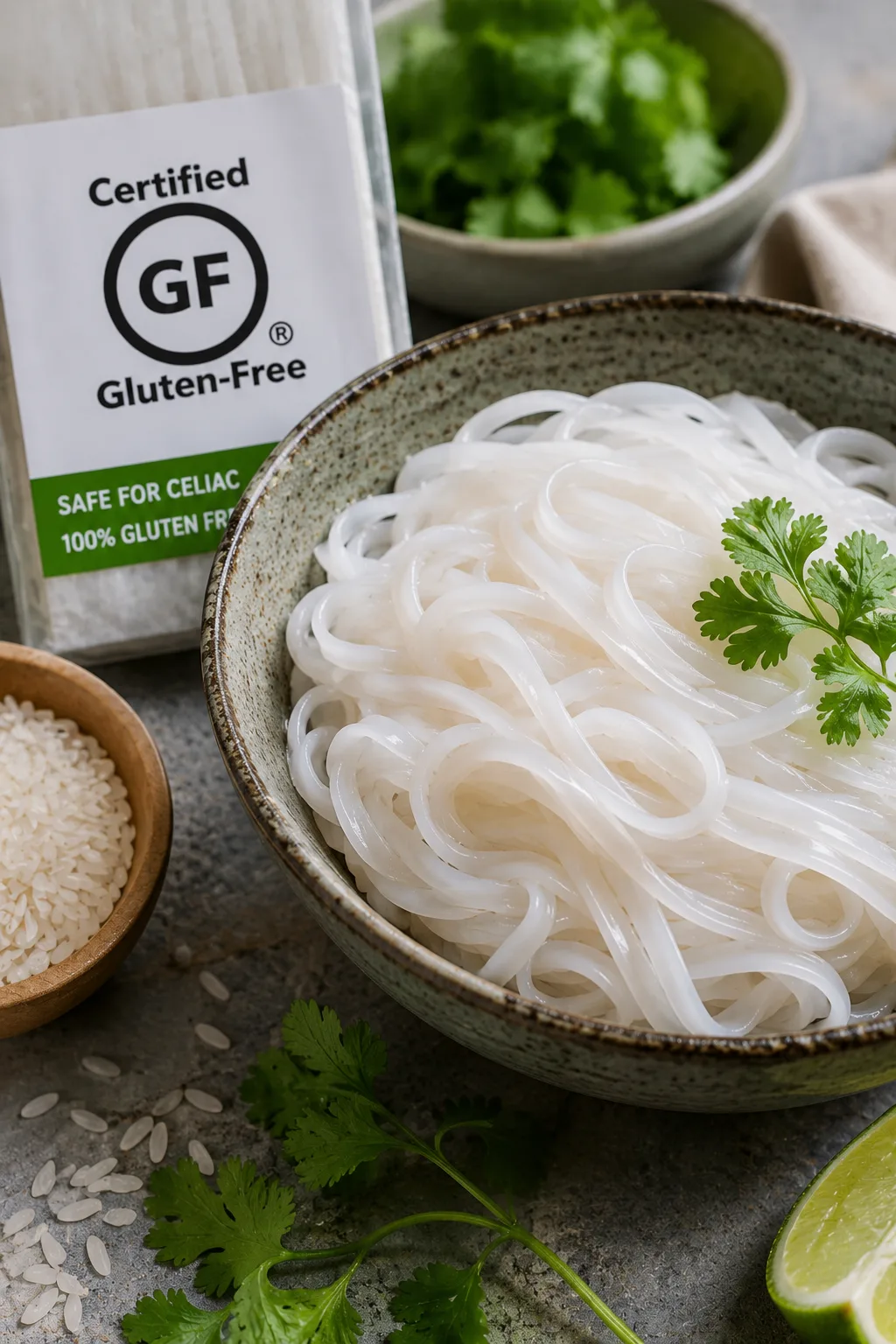 Close-up of glossy cooked rice noodles in a rustic bowl beside a visible certified gluten-free label, surrounded by rice grains, fresh herbs, and lime under soft natural lighting, highlighting a healthy celiac-safe food concept.