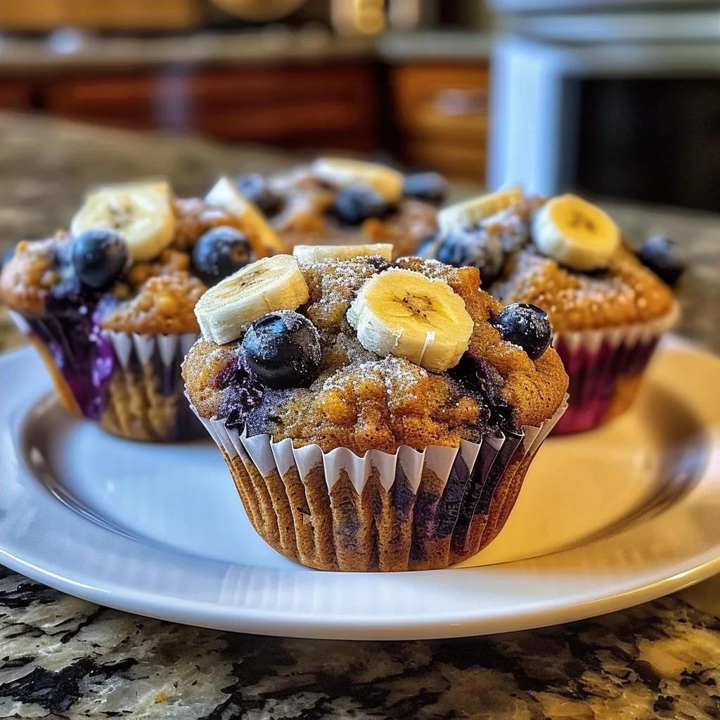 Fluffy Banana Blueberry Breakfast Muffins