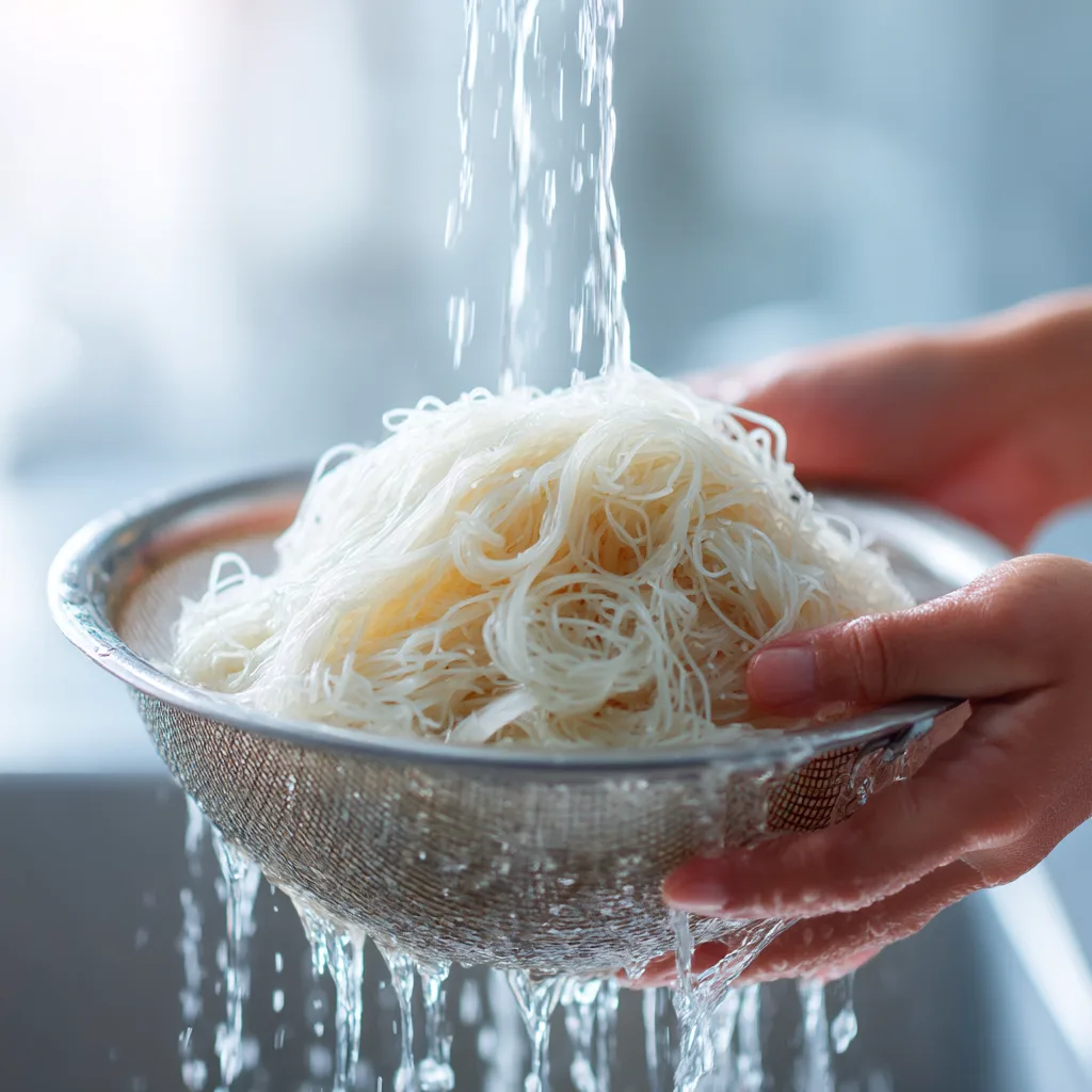 Rinsing cooked rice noodles under cold running water in a stainless steel colander over the sink.